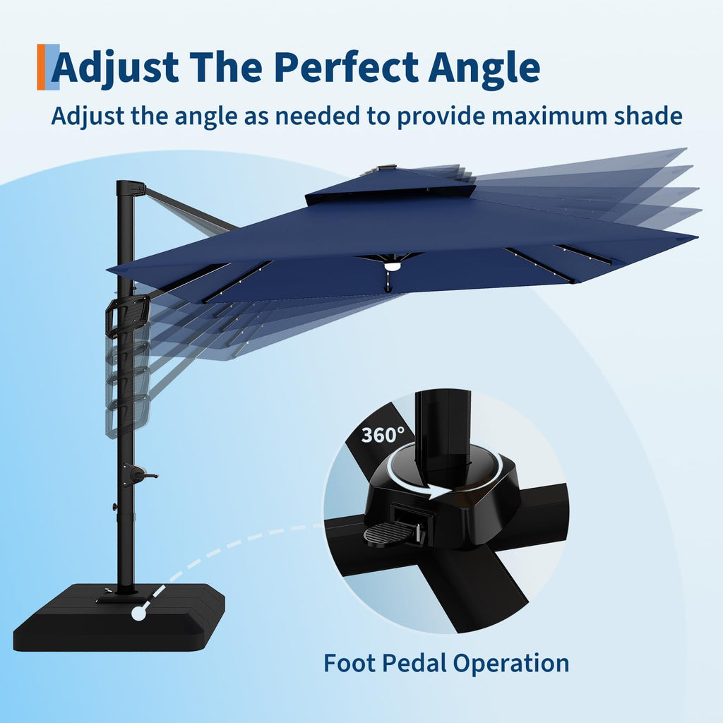 10 ft Navy Blue Solar Cantilever Patio Umbrella with Base E547