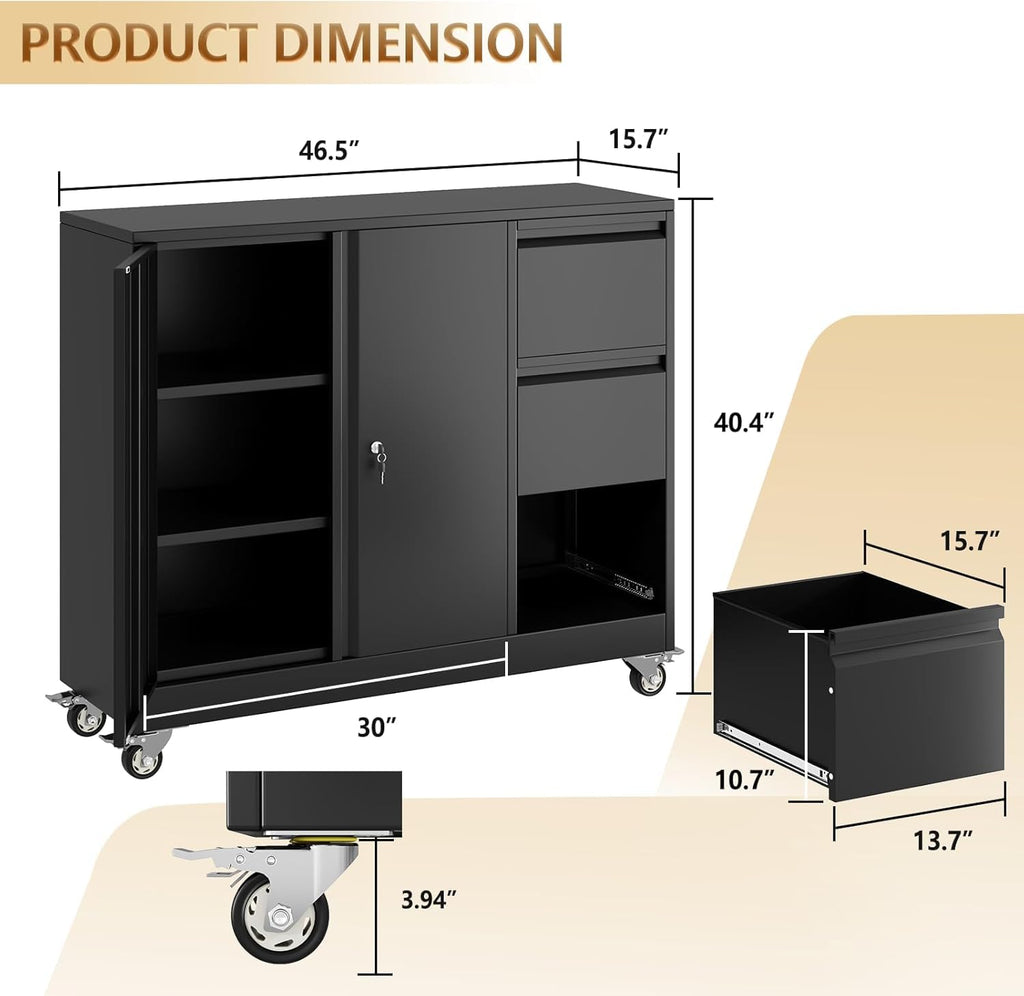 47" H 3 Drawer Black Rolling Metal File Cabinet with Adjustable Shelf & Wheels T113