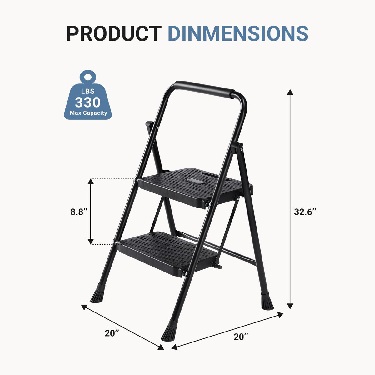 2 Step Stool with Anti-Slip Pedal & Handrail, 330lbs, Black Q982791