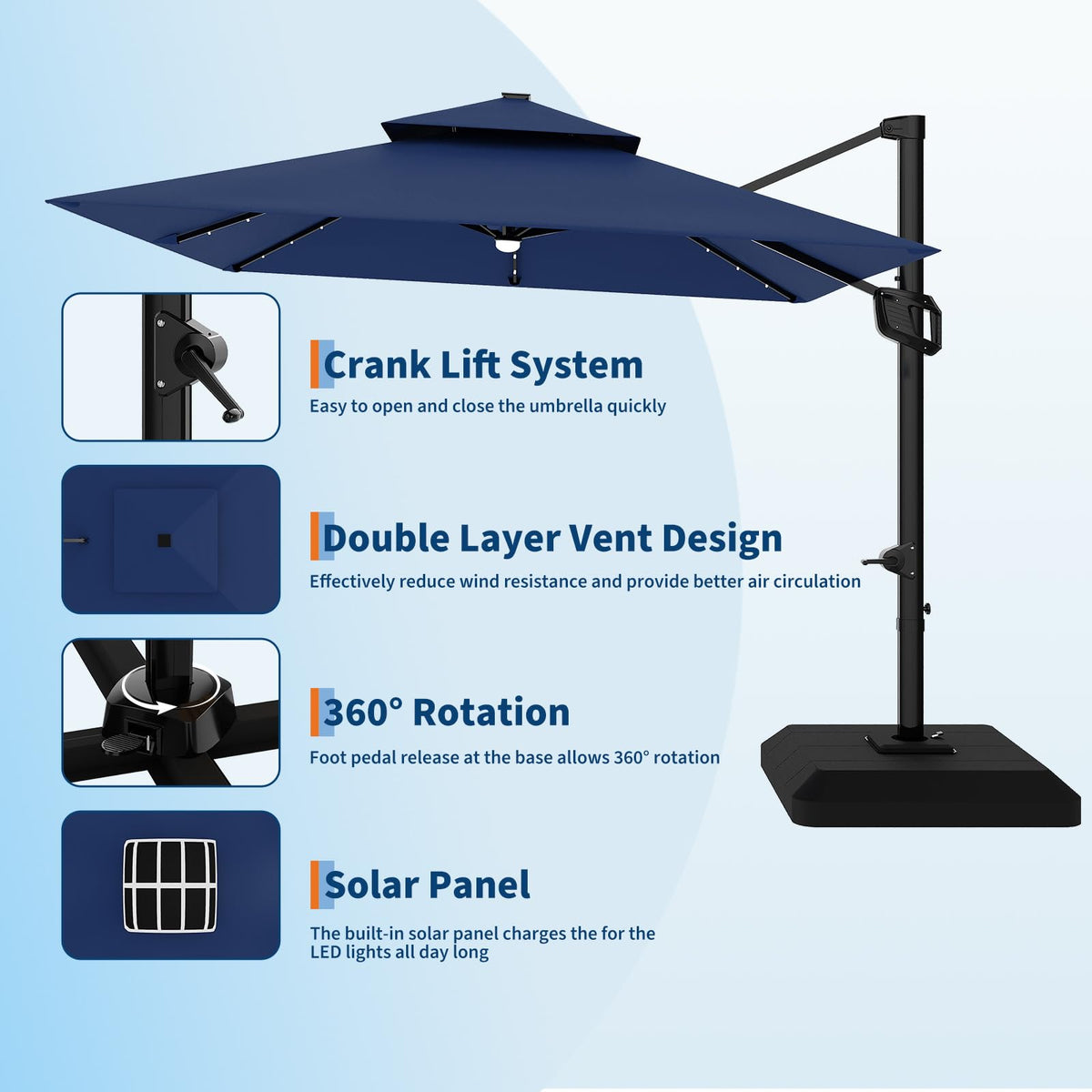 10 ft Navy Blue Solar Cantilever Patio Umbrella with Base E547