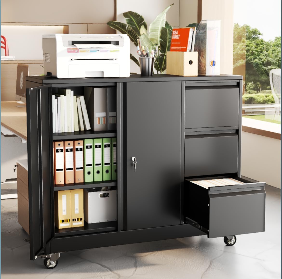 47" H 3 Drawer Black Rolling Metal File Cabinet with Adjustable Shelf & Wheels T113