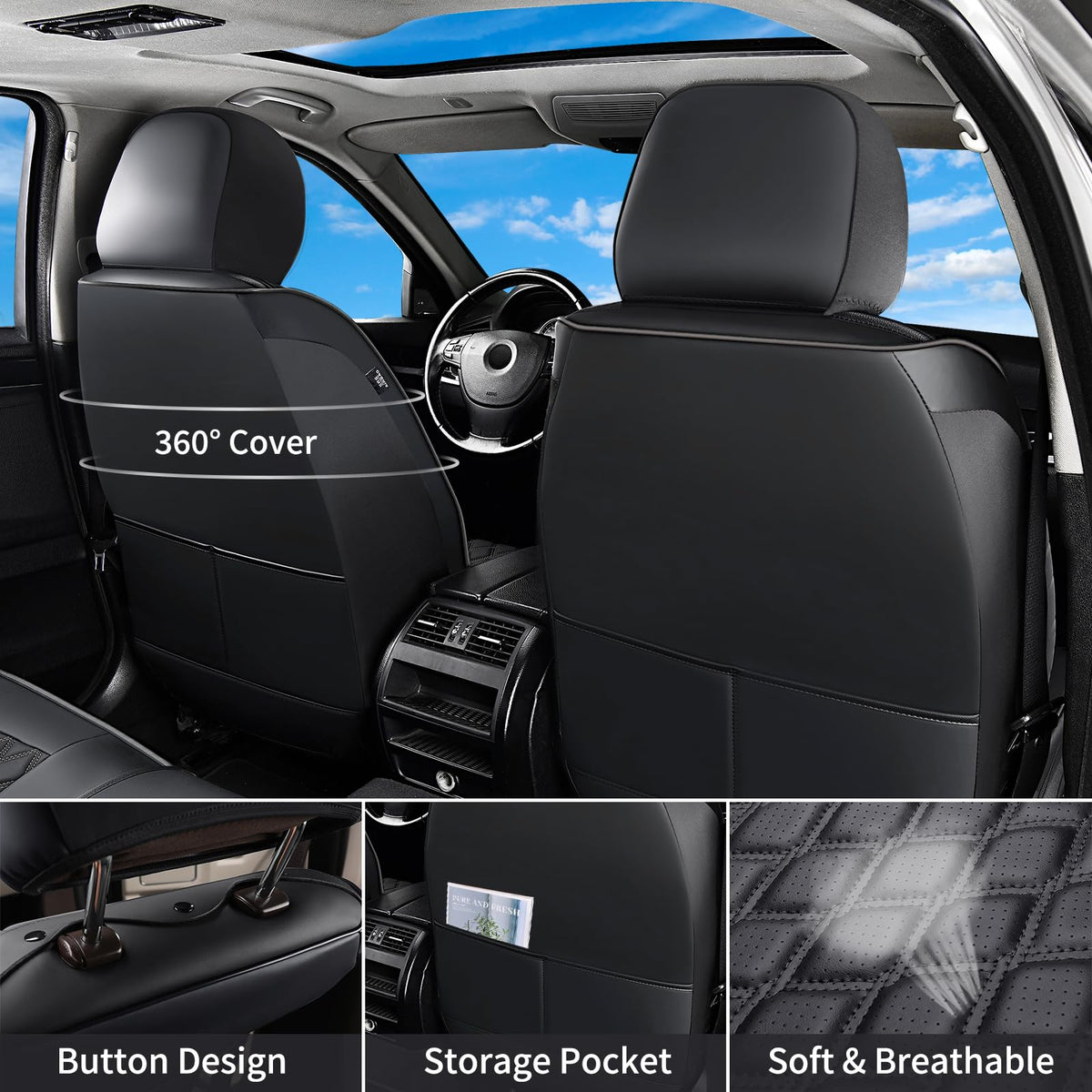 Leather Pickup Seat Cushion Cover Full Set Black N1307
