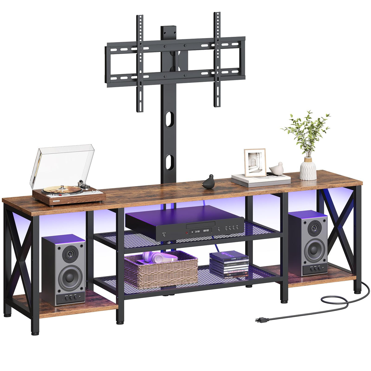Rustic Brown 3-Tier TV Stand with Swivel Mount and Power Outlet C2759
