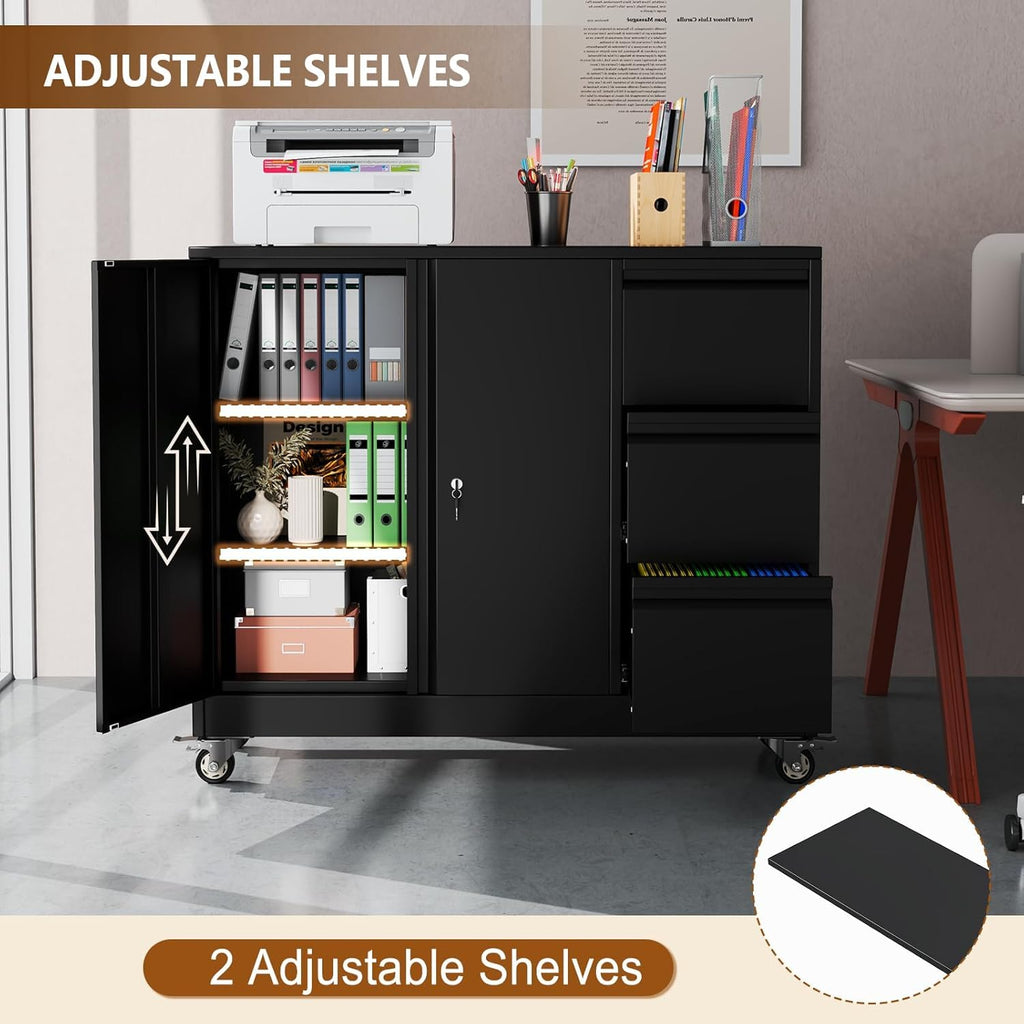 47" H 3 Drawer Black Rolling Metal File Cabinet with Adjustable Shelf & Wheels T113
