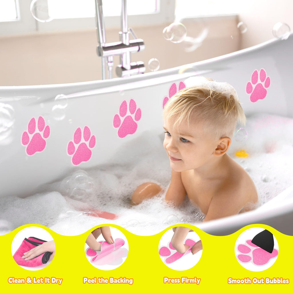 20PCS Non Slip Bathtub Stickers with Scraper, Pink, Dog Paw F9488