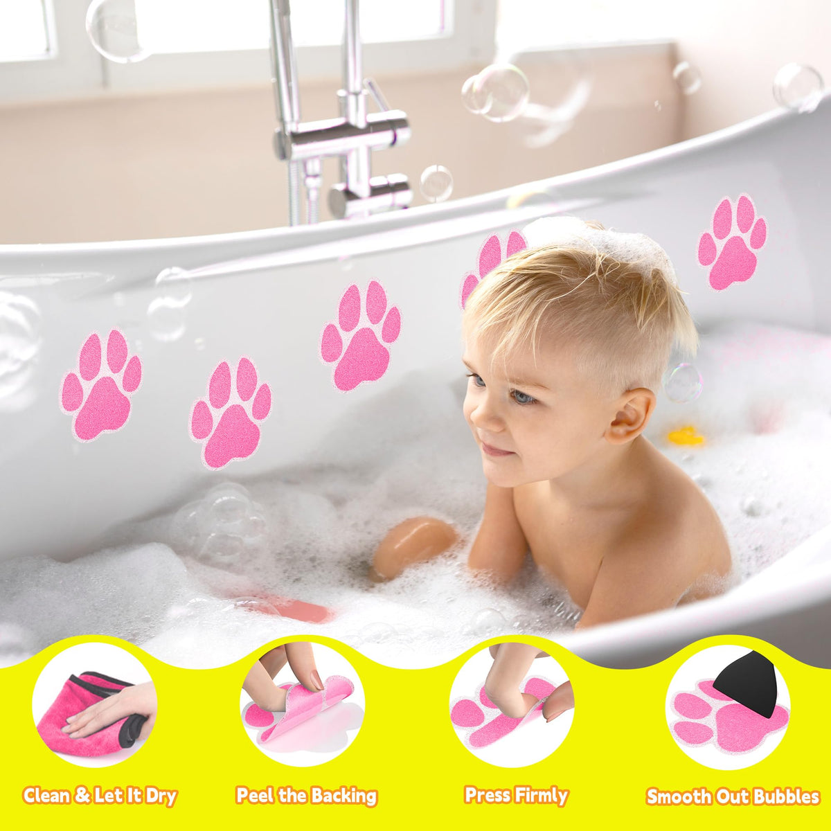20PCS Non Slip Bathtub Stickers with Scraper, Pink, Dog Paw F9488