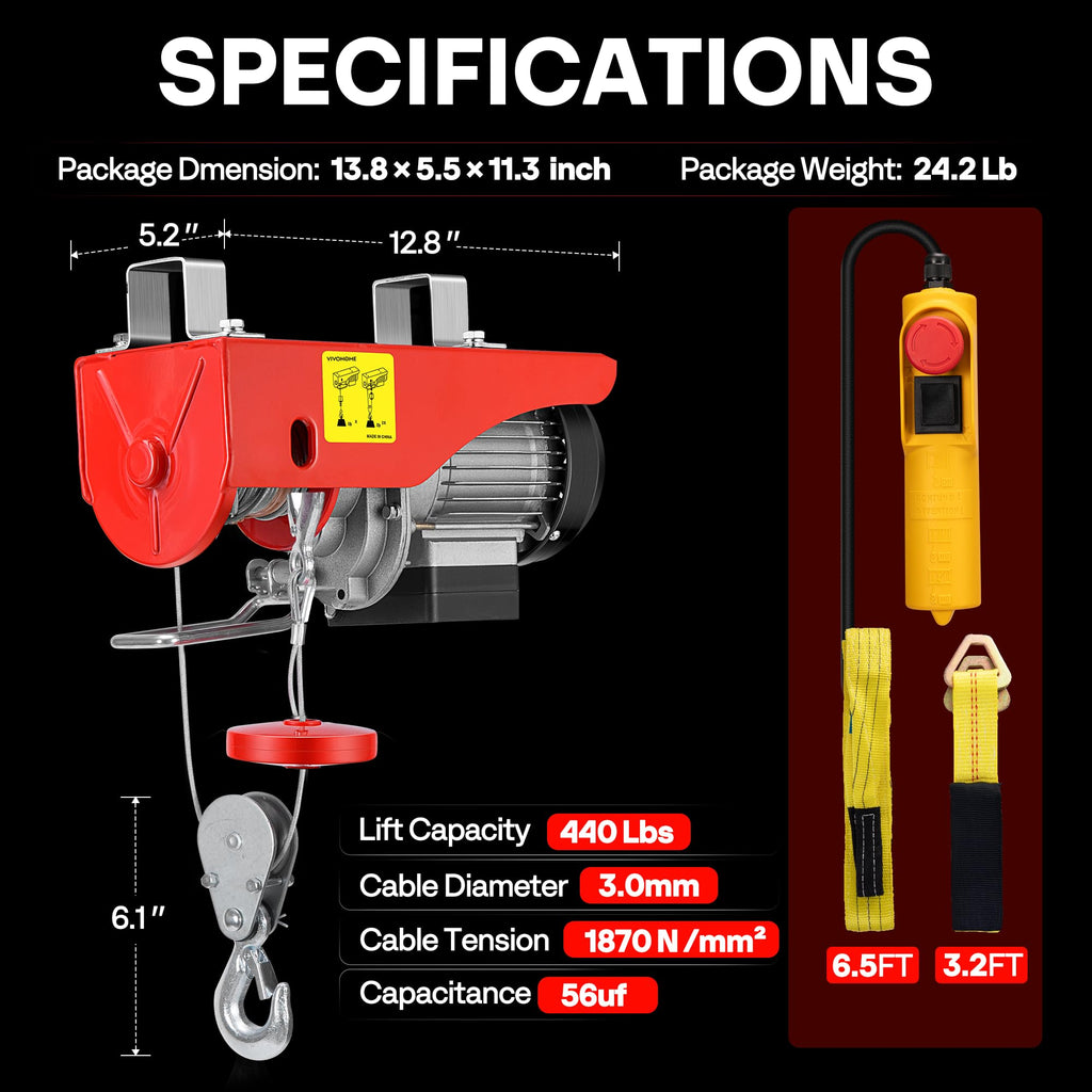 110V 440 Lbs Electric Hoist with Remote Control G618