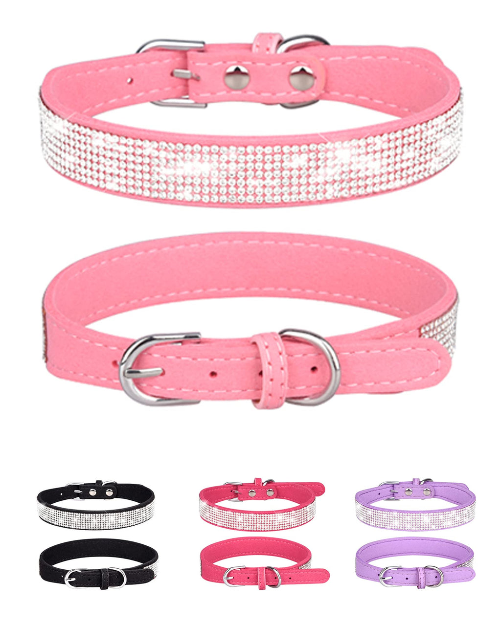 Pink Adjustable Leather Suede Rhinestone Dog Collar W399530
