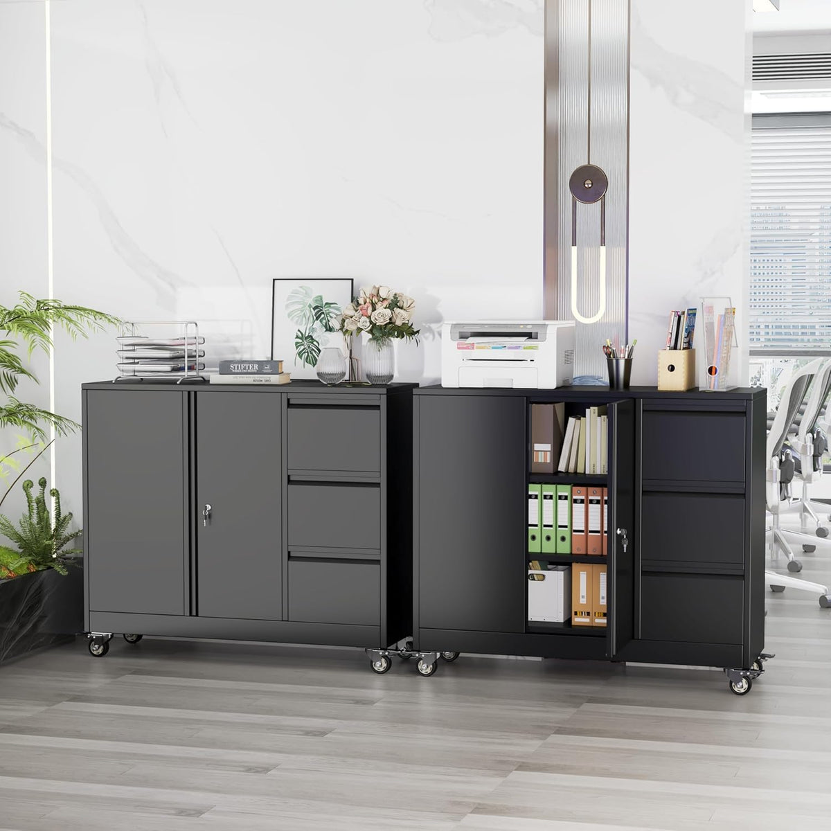 47" H 3 Drawer Black Rolling Metal File Cabinet with Adjustable Shelf & Wheels T113