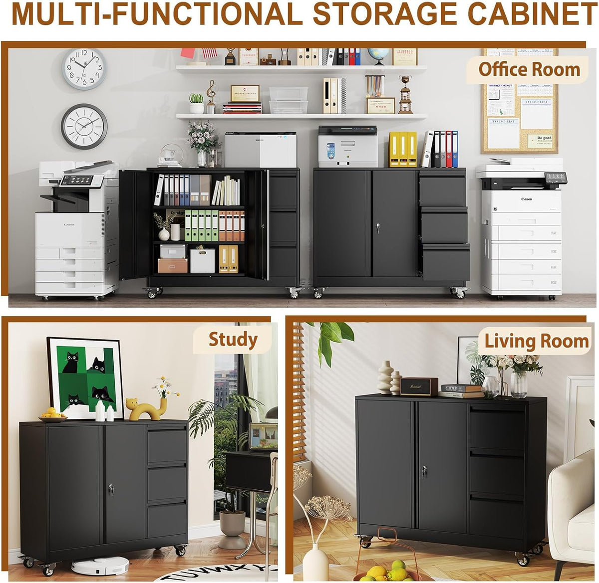 47" H 3 Drawer Black Rolling Metal File Cabinet with Adjustable Shelf & Wheels T113
