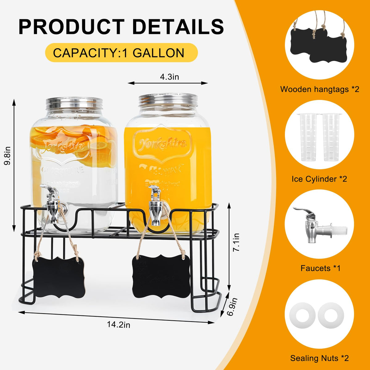 2 Pack 1 Gallon Glass Drink Dispensers F123