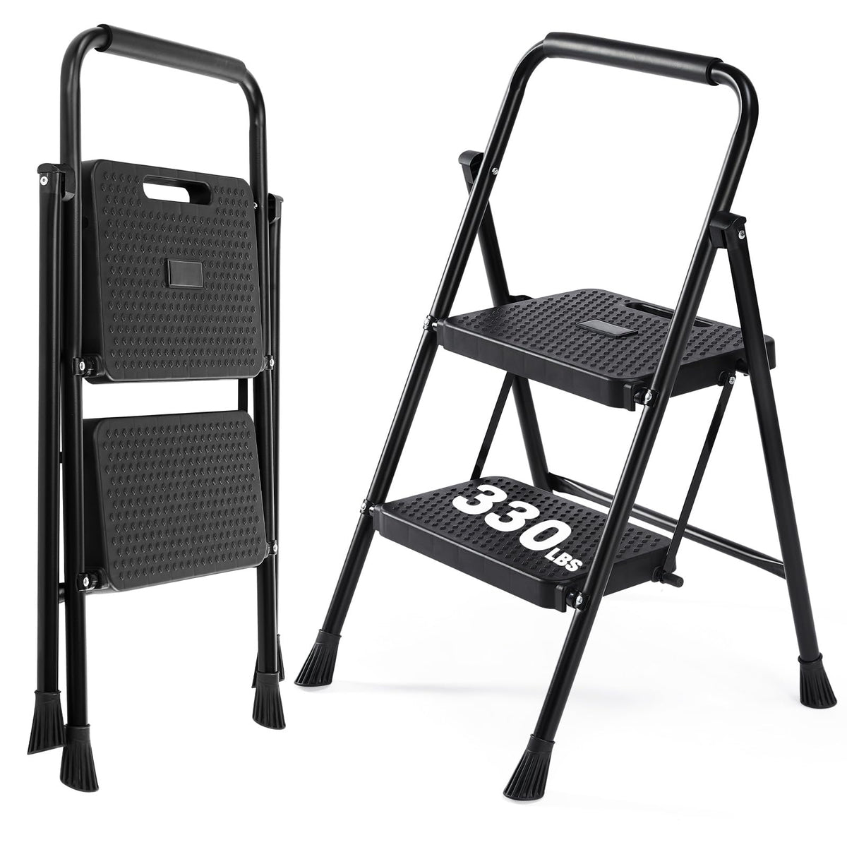 2 Step Stool with Anti-Slip Pedal & Handrail, 330lbs, Black Q982791