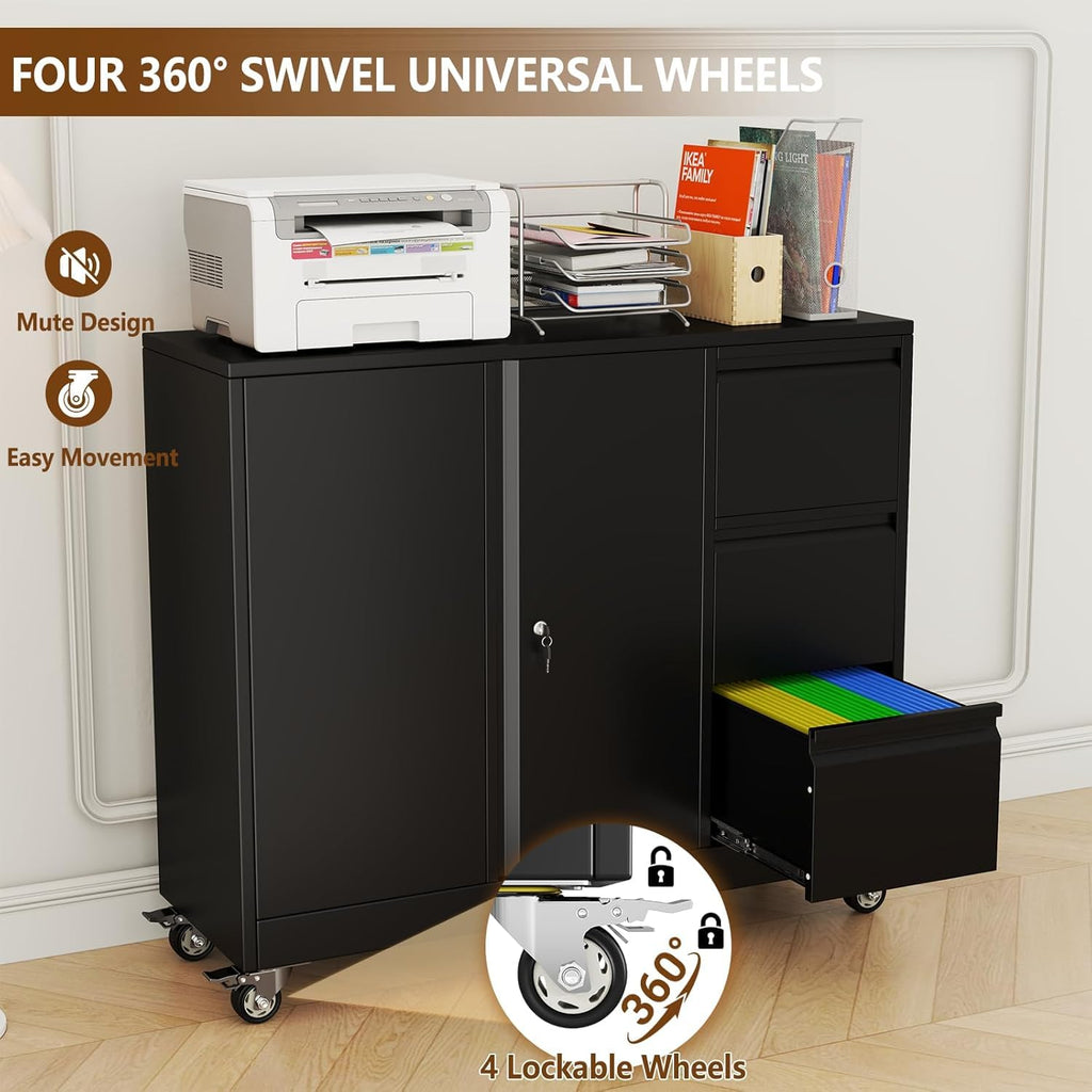 47" H 3 Drawer Black Rolling Metal File Cabinet with Adjustable Shelf & Wheels T113