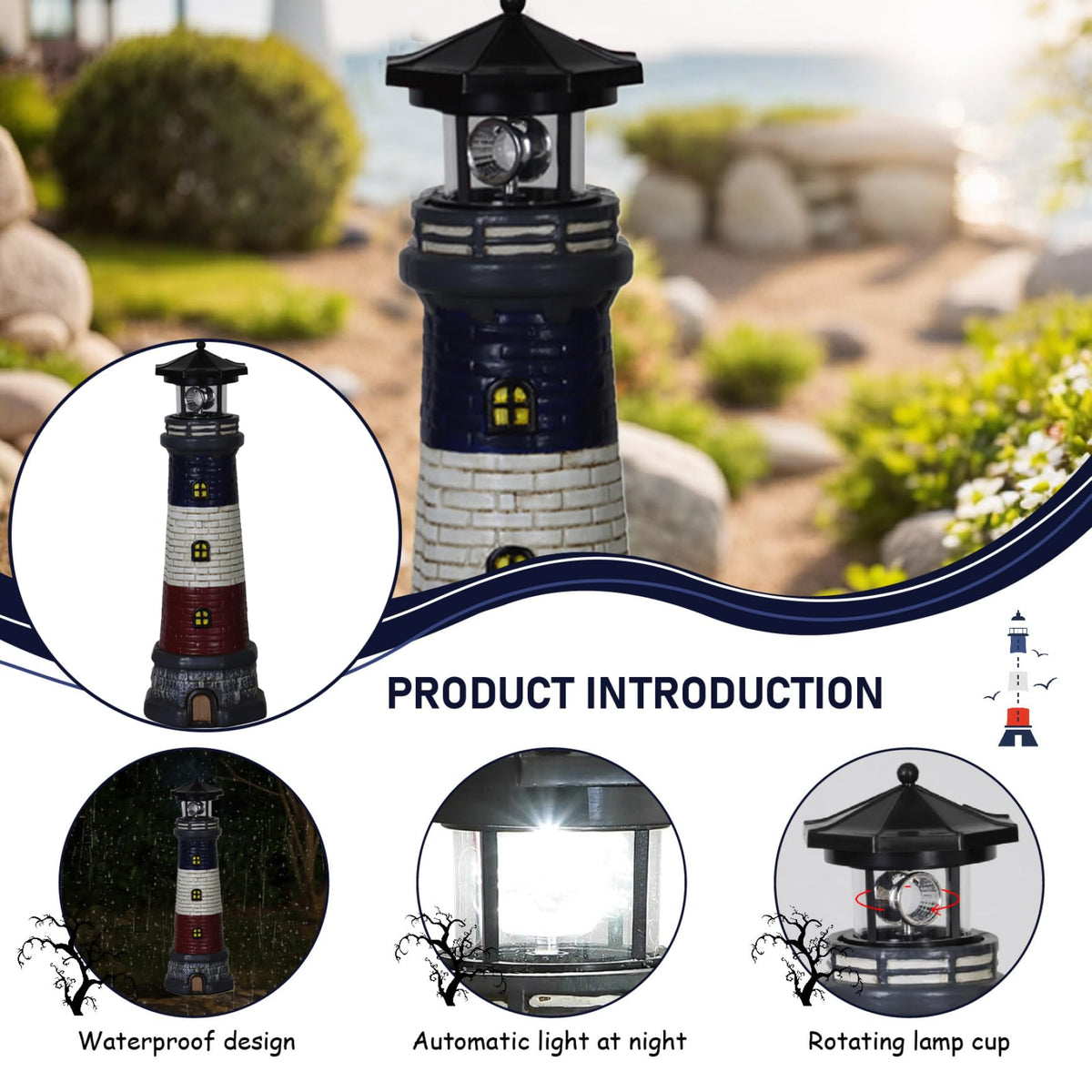 15" Tall Waterproof Resin Lighthouse Lamp with Rotating LED U7232
