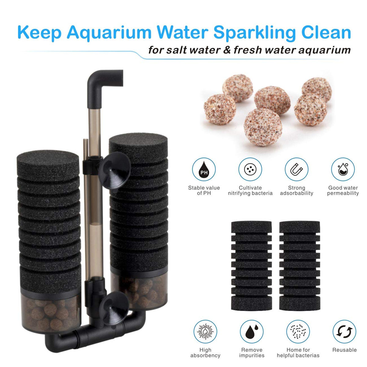 Aquarium Double Sponge Filter with Bio Ceramic Media Balls S47229