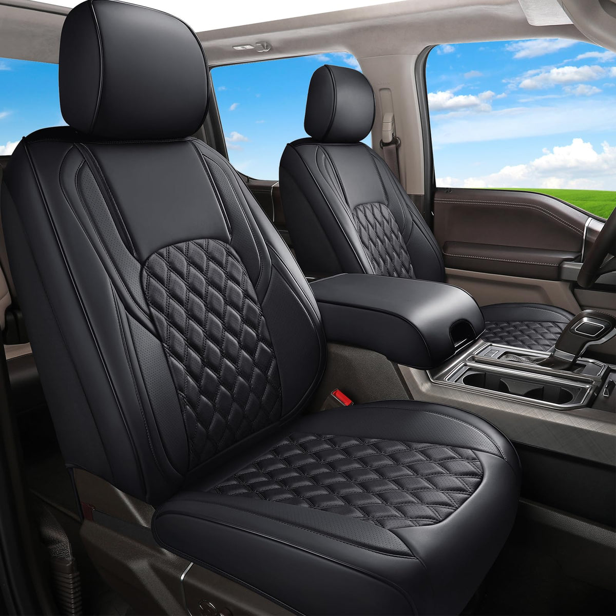 Leather Pickup Seat Cushion Cover Full Set Black N1307