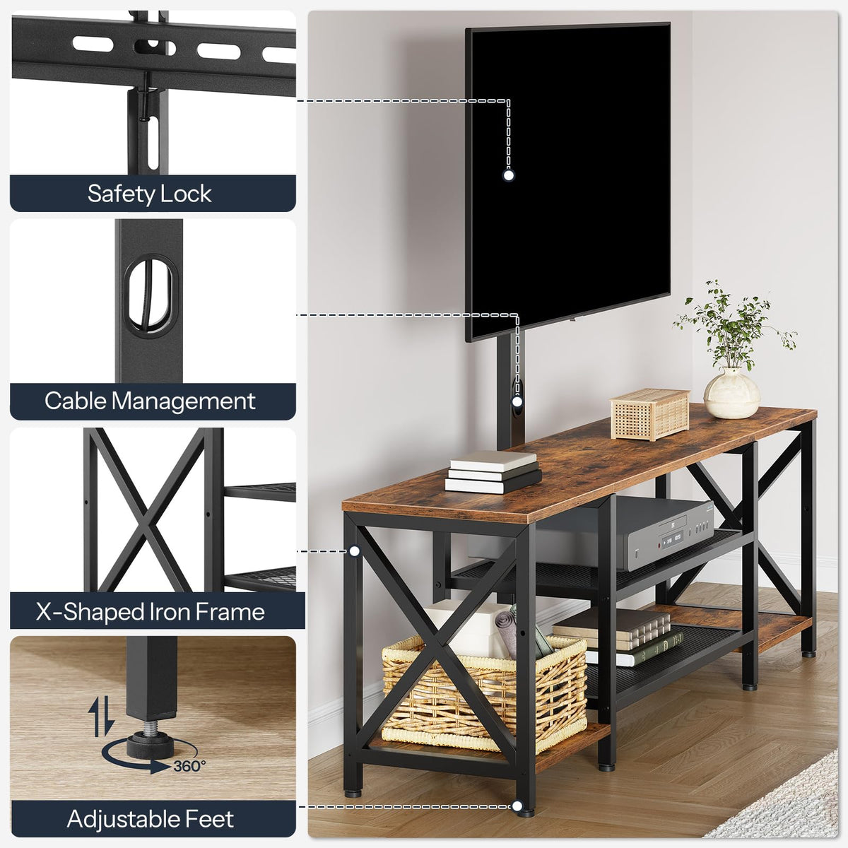 Rustic Brown 3-Tier TV Stand with Swivel Mount and Power Outlet C2759