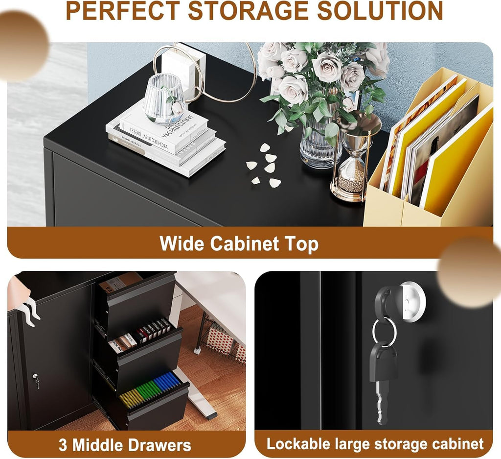 47" H 3 Drawer Black Rolling Metal File Cabinet with Adjustable Shelf & Wheels T113
