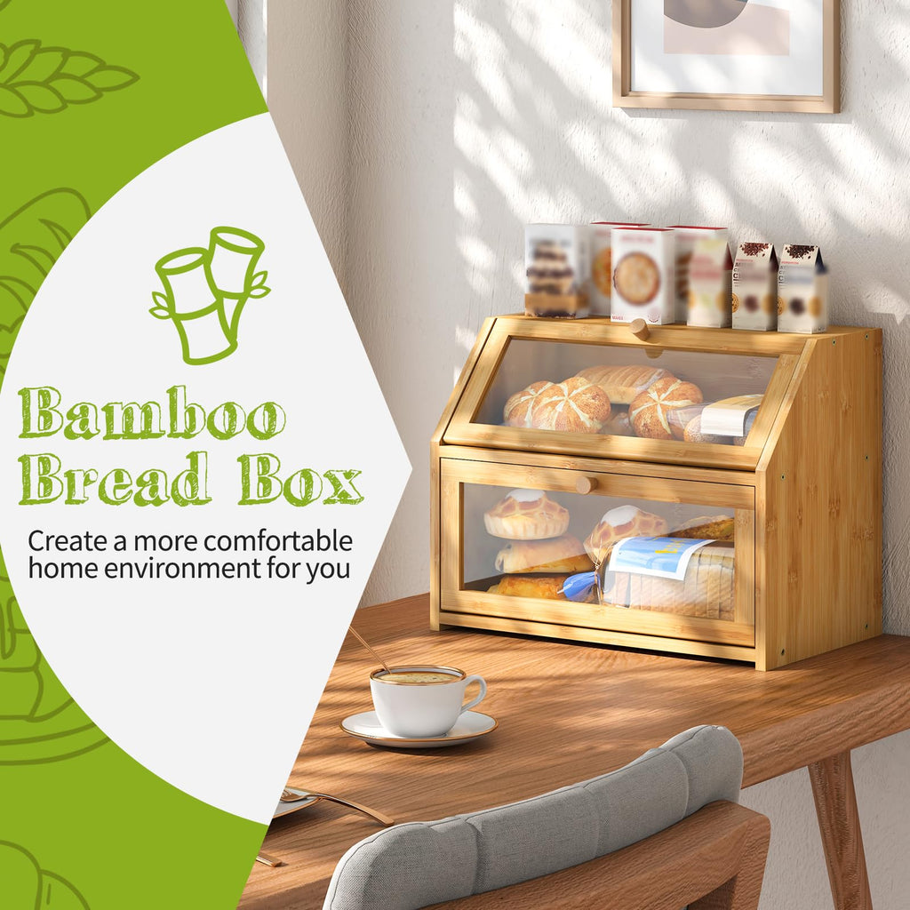 Double Layer Bamboo Wooden Bread Box G7848
