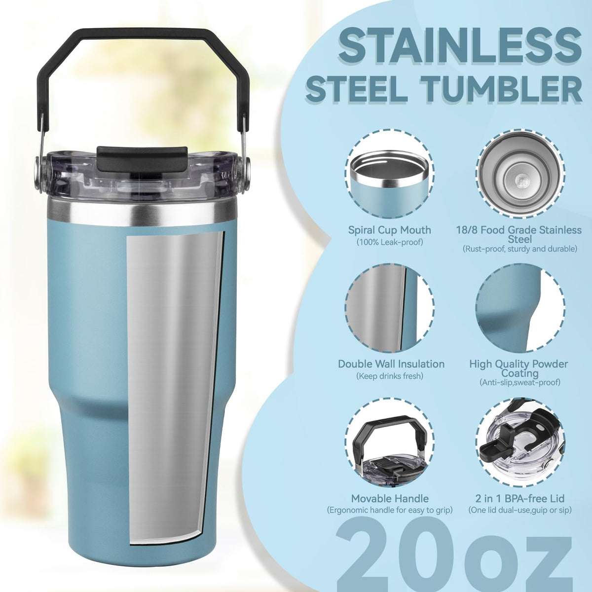 20oz Stainless Steel Insulated Tumbler with Handle and Flip Straw Lid K631