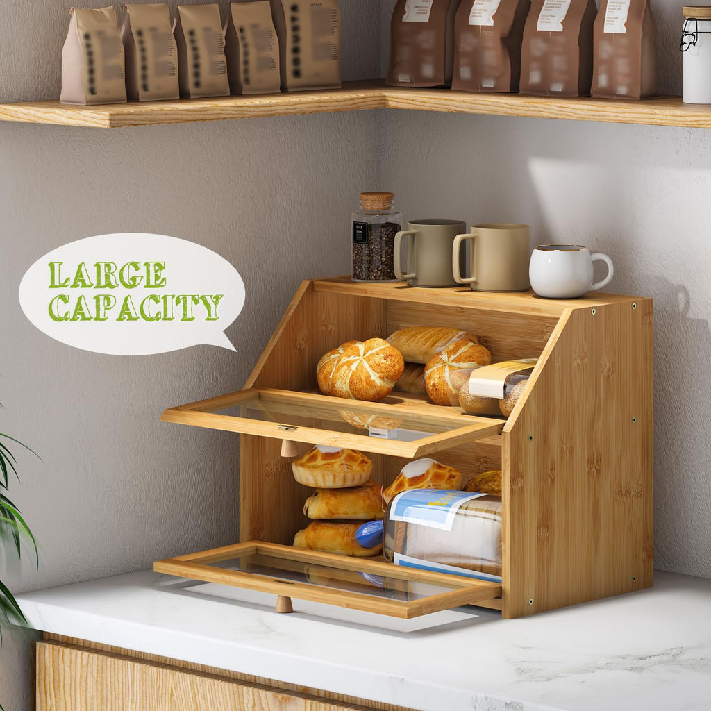 Double Layer Bamboo Wooden Bread Box G7848