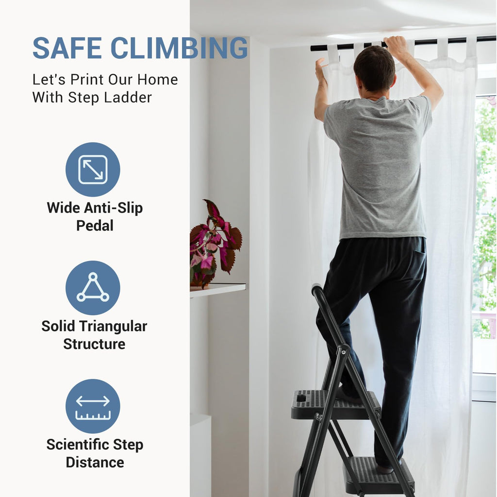 2 Step Stool with Anti-Slip Pedal & Handrail, 330lbs, Black Q982791