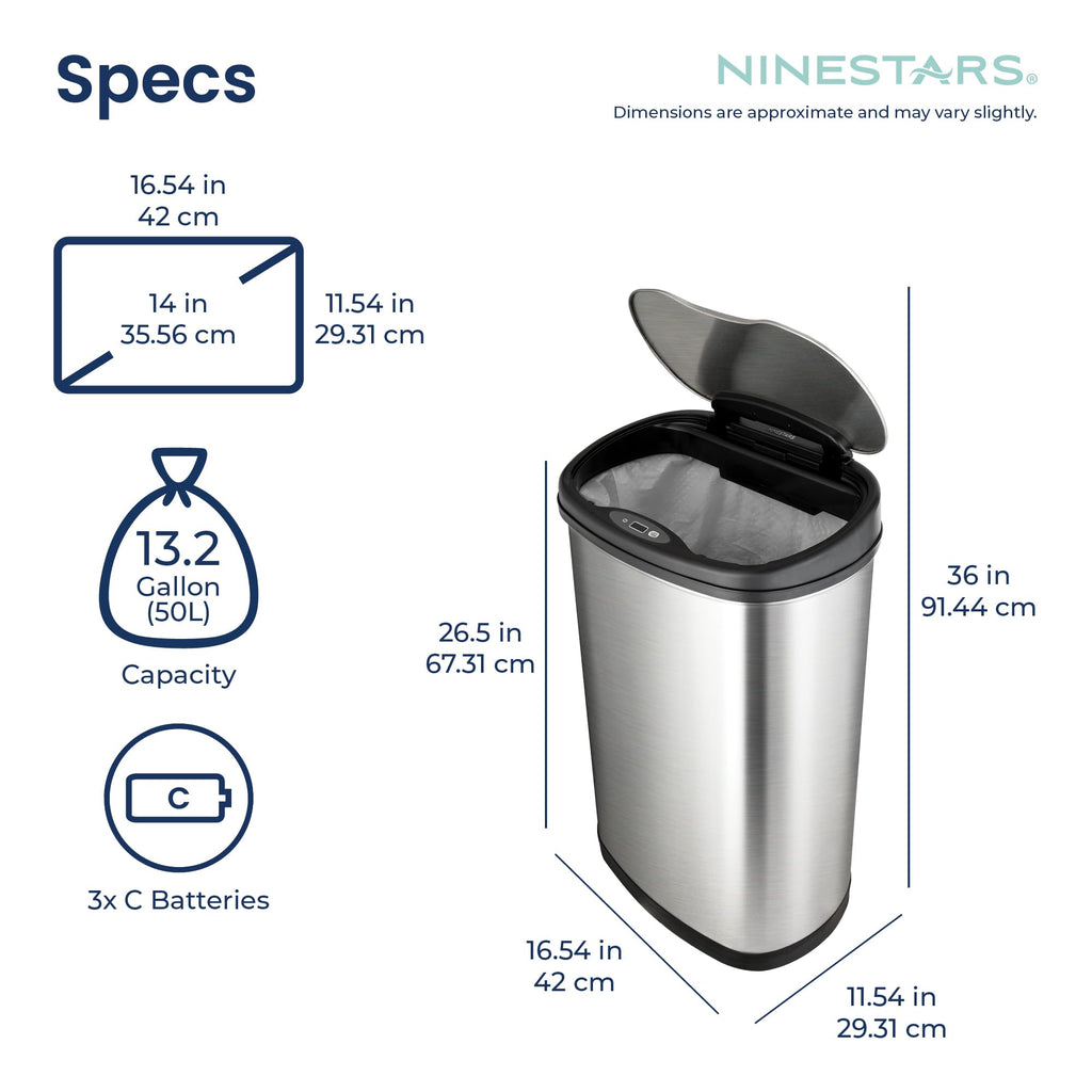 13 Gallon Oval Automatic Trash Can, 50L Touchless Motion Sensor Garbage Can with Odor-Sealing Lid & One-Touch Manual Mode, Silver Stainless Steel, Black Trim S388753