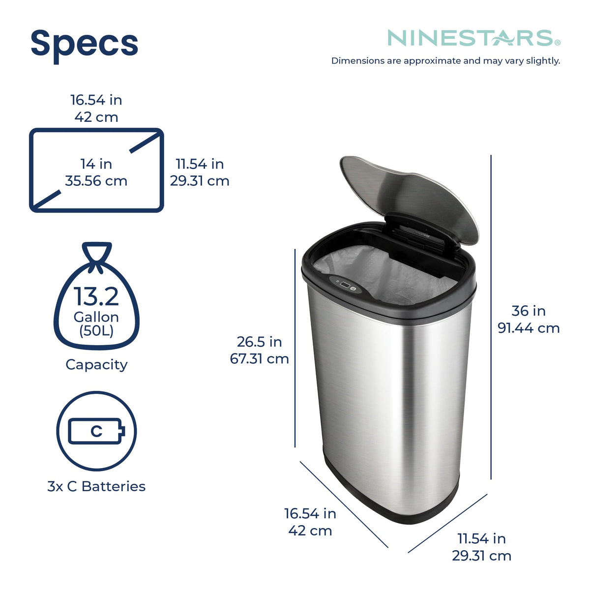 13 Gallon Oval Automatic Trash Can, 50L Touchless Motion Sensor Garbage Can with Odor-Sealing Lid & One-Touch Manual Mode, Silver Stainless Steel, Black Trim S388753