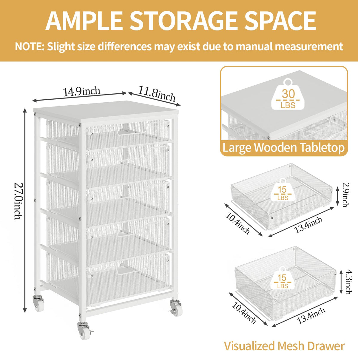 White 5 Drawer Rolling Utility Cart with Wooden Tabletop G12806