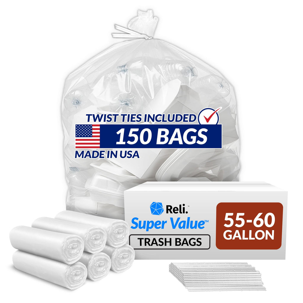 55-60 Gallon Heavy Duty Clear Trash Bags with Ties F674926