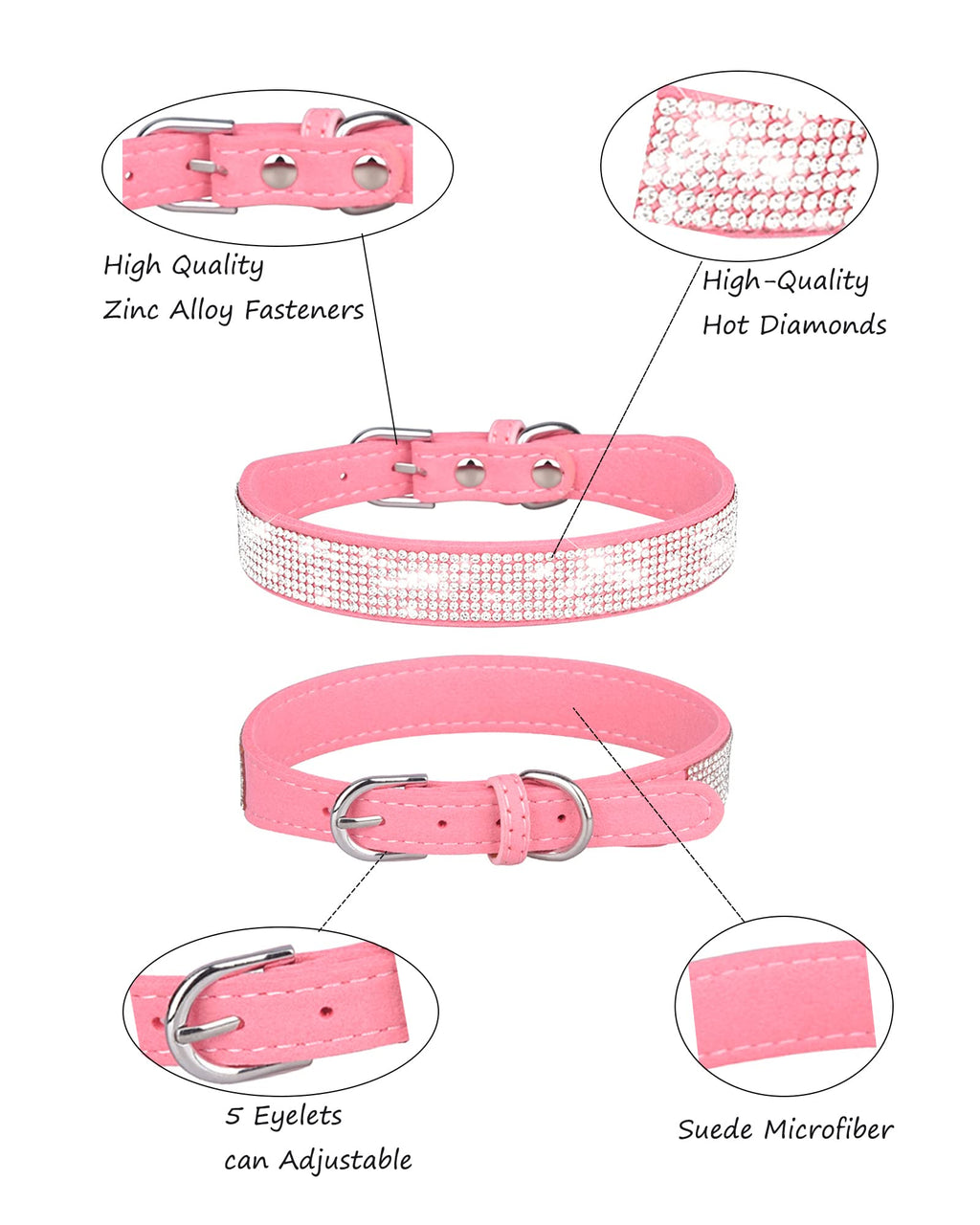Pink Adjustable Leather Suede Rhinestone Dog Collar W399530