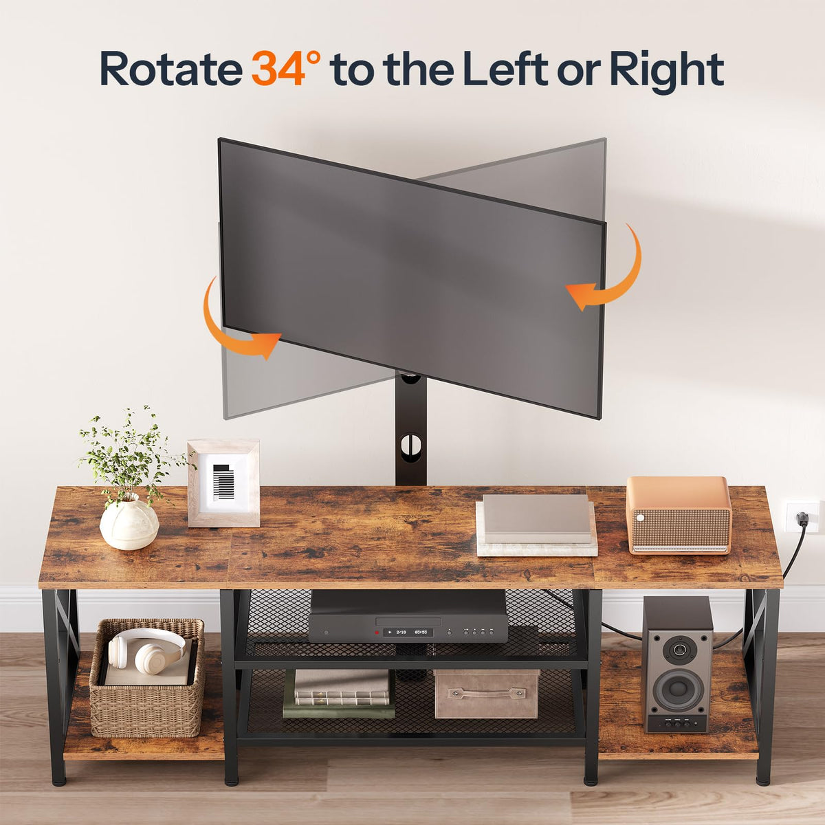 Rustic Brown 3-Tier TV Stand with Swivel Mount and Power Outlet C2759