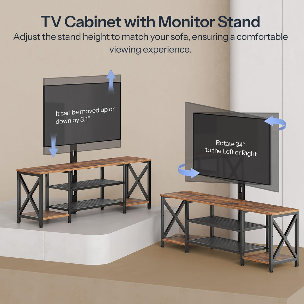 Rustic Brown 3-Tier TV Stand with Swivel Mount and Power Outlet C2759