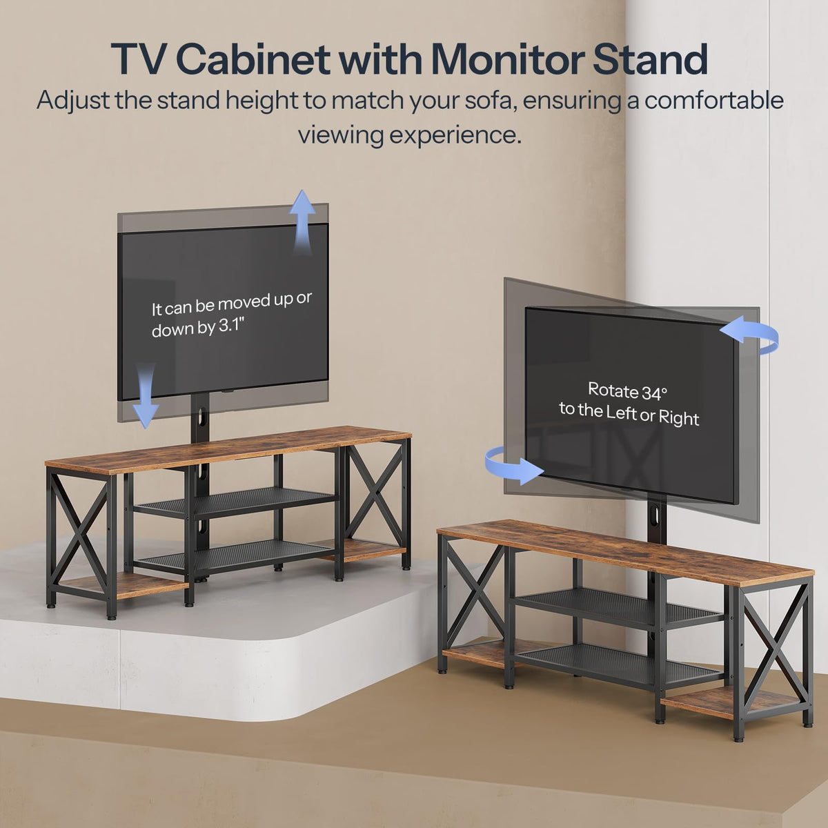 Rustic Brown 3-Tier TV Stand with Swivel Mount and Power Outlet C2759