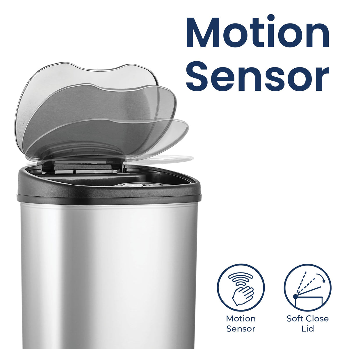 13 Gallon Oval Automatic Trash Can, 50L Touchless Motion Sensor Garbage Can with Odor-Sealing Lid & One-Touch Manual Mode, Silver Stainless Steel, Black Trim S388753