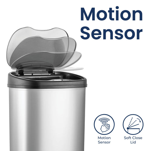 13 Gallon Oval Automatic Trash Can, 50L Touchless Motion Sensor Garbage Can with Odor-Sealing Lid & One-Touch Manual Mode, Silver Stainless Steel, Black Trim S388753