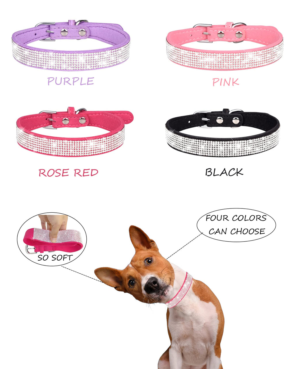 Pink Adjustable Leather Suede Rhinestone Dog Collar W399530