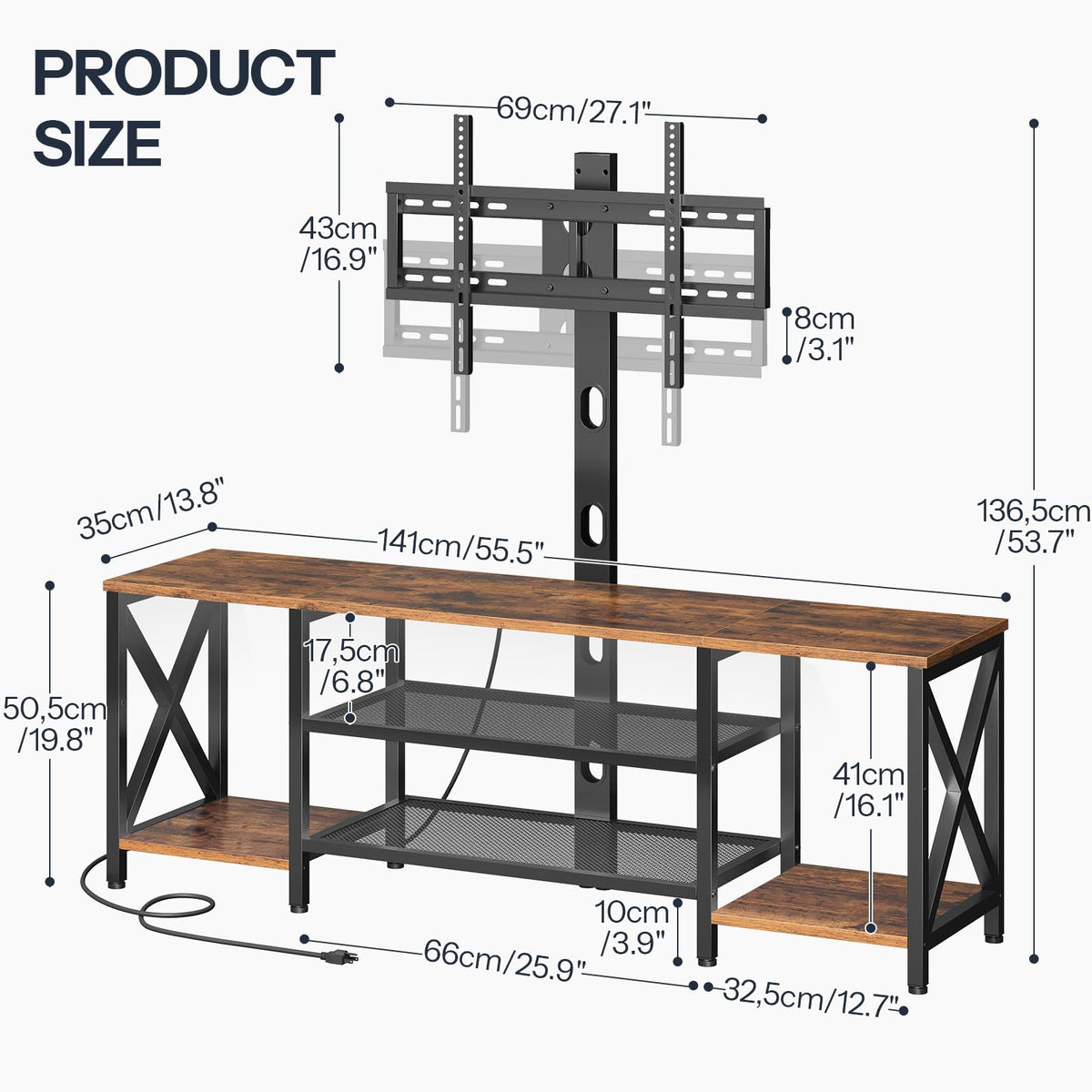 Rustic Brown 3-Tier TV Stand with Swivel Mount and Power Outlet C2759