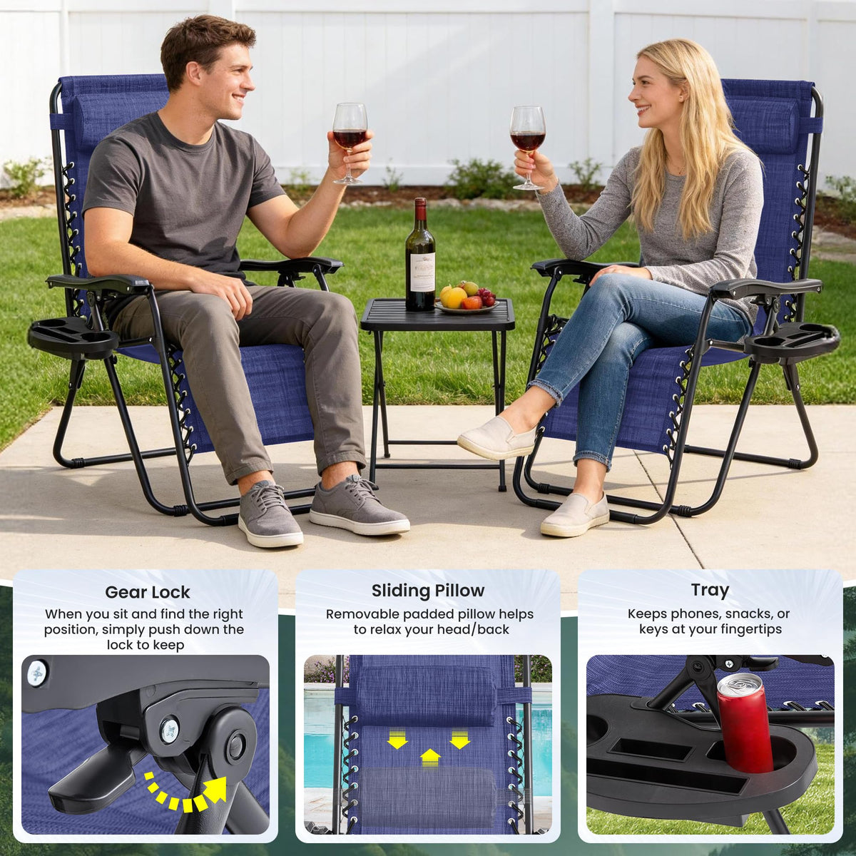 2 Pack Blue 7-Position Adjustable Zero Gravity Chairs L868