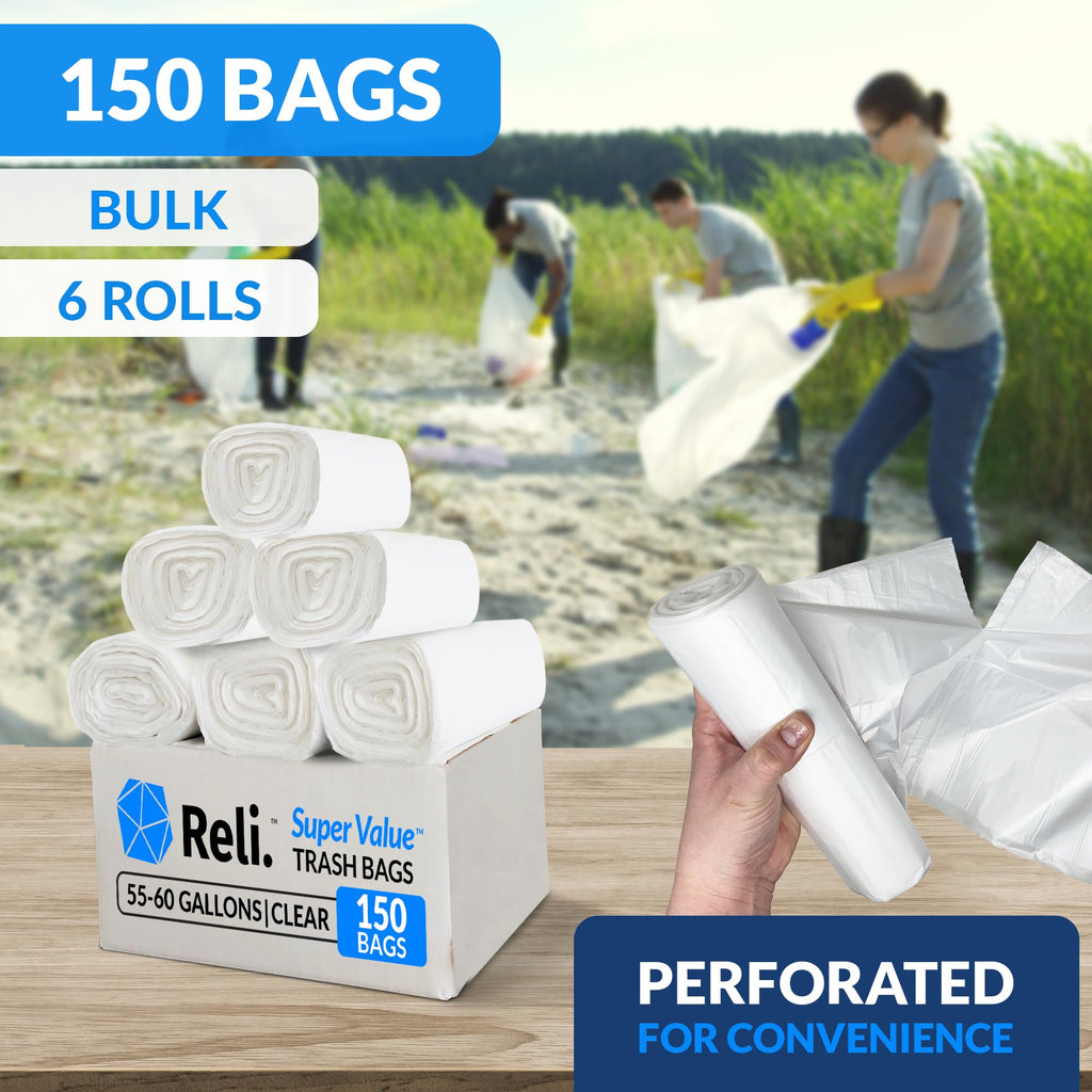 55-60 Gallon Heavy Duty Clear Trash Bags with Ties F674926