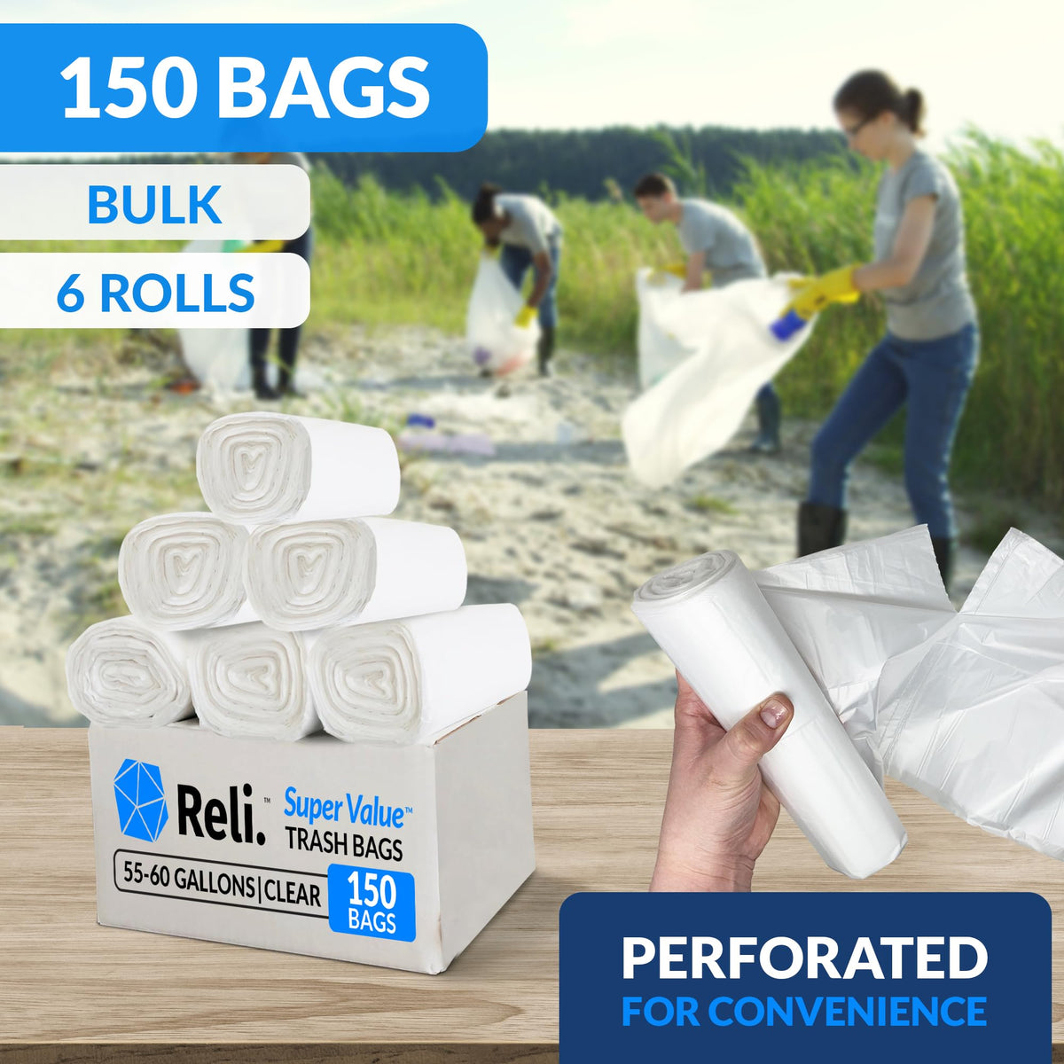 55-60 Gallon Heavy Duty Clear Trash Bags with Ties F674926