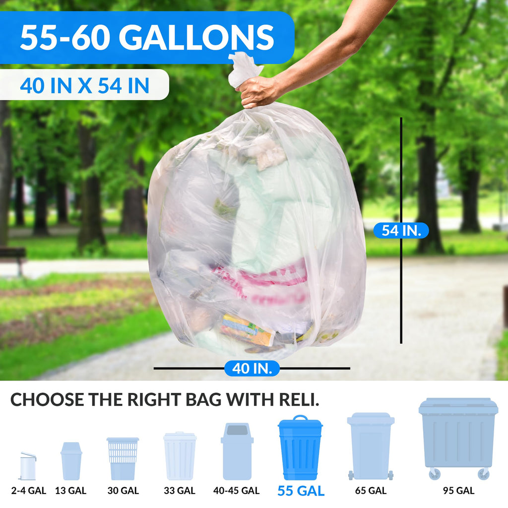 55-60 Gallon Heavy Duty Clear Trash Bags with Ties F674926