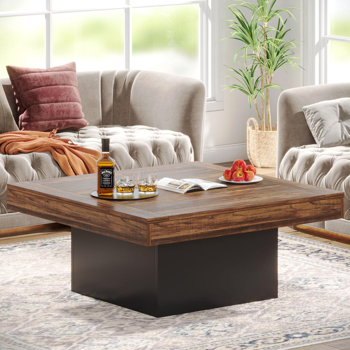35.4-Inch Square Wood Coffee Table with LED Light M882586