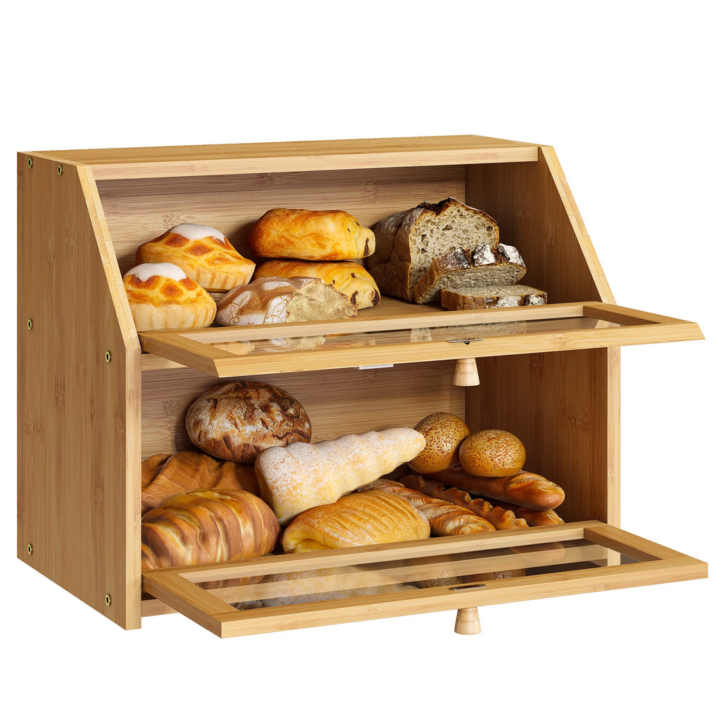 Double Layer Bamboo Wooden Bread Box G7848