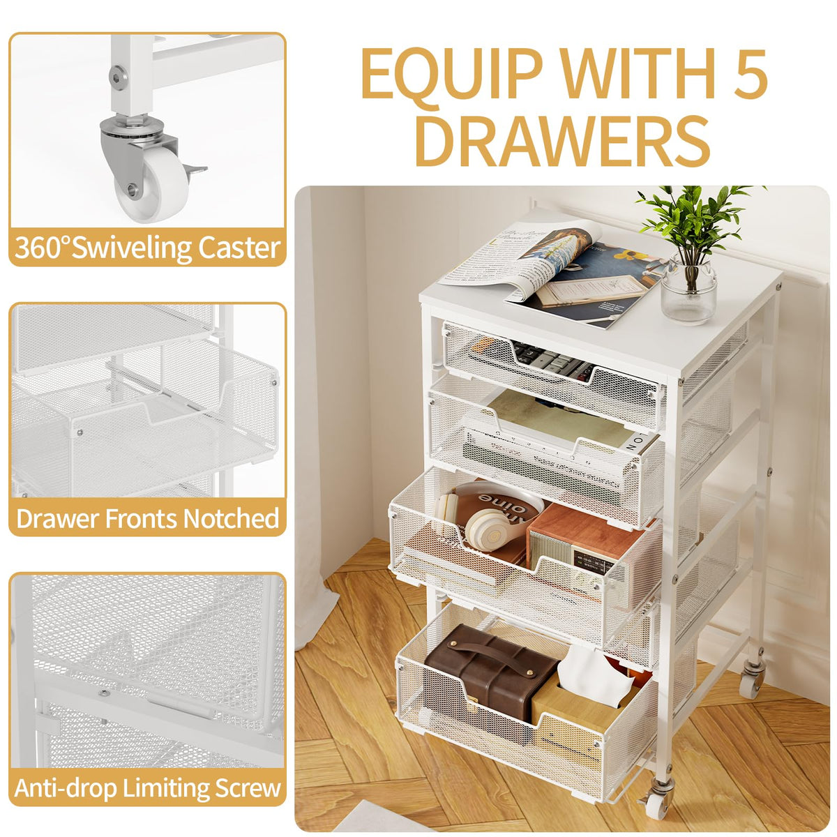White 5 Drawer Rolling Utility Cart with Wooden Tabletop G12806