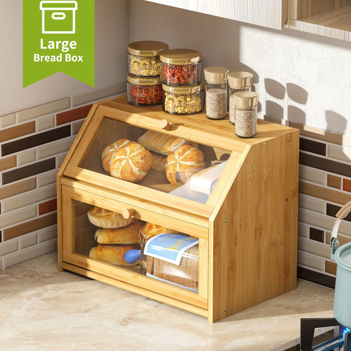 Double Layer Bamboo Wooden Bread Box G7848