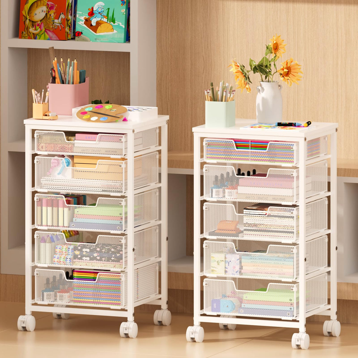 White 5 Drawer Rolling Utility Cart with Wooden Tabletop G12806