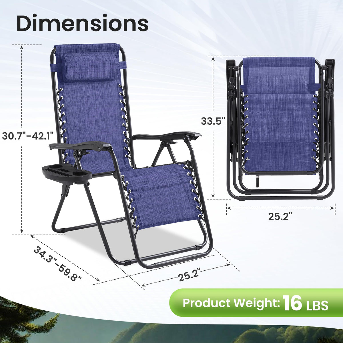 2 Pack Blue 7-Position Adjustable Zero Gravity Chairs L868