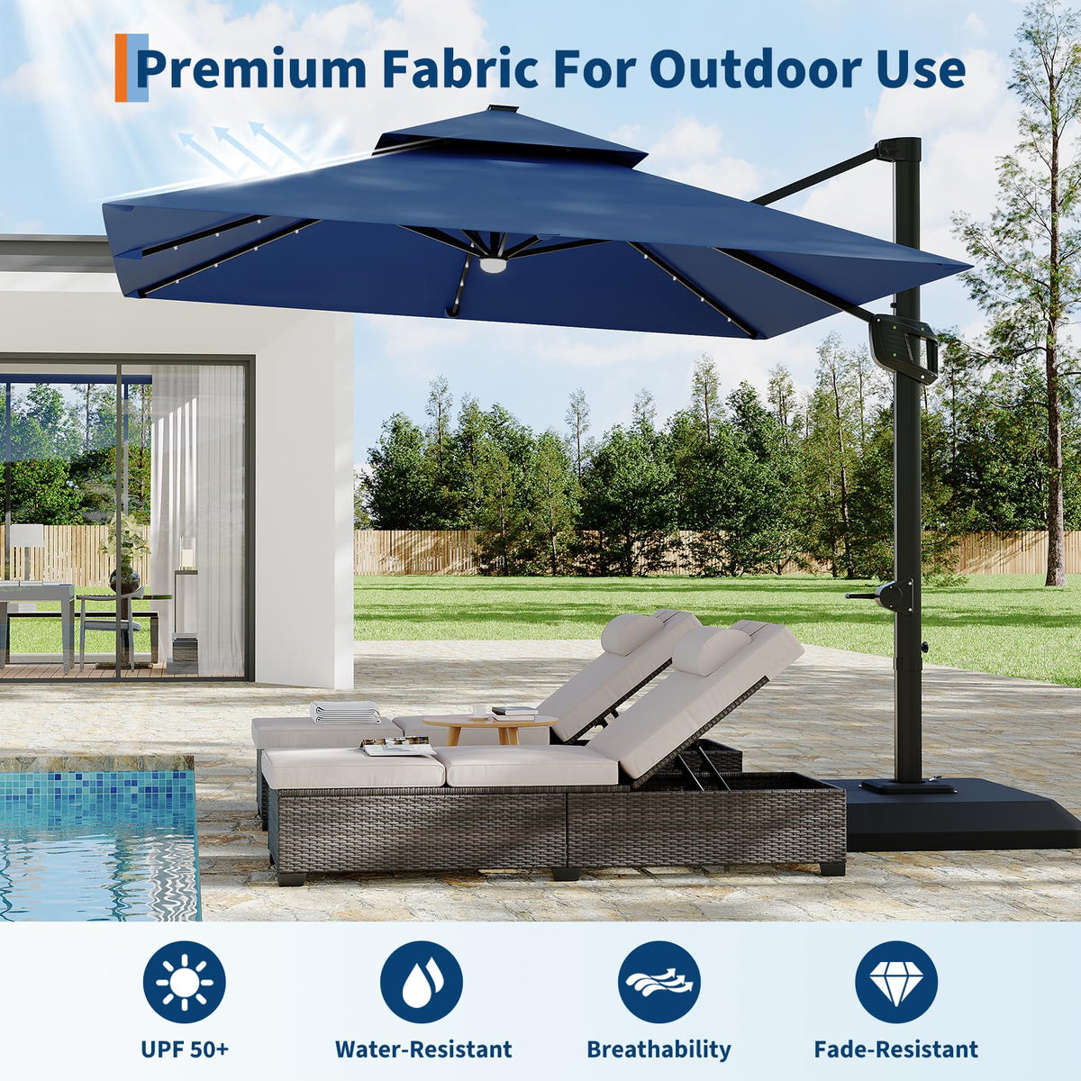 10 ft Navy Blue Solar Cantilever Patio Umbrella with Base E547