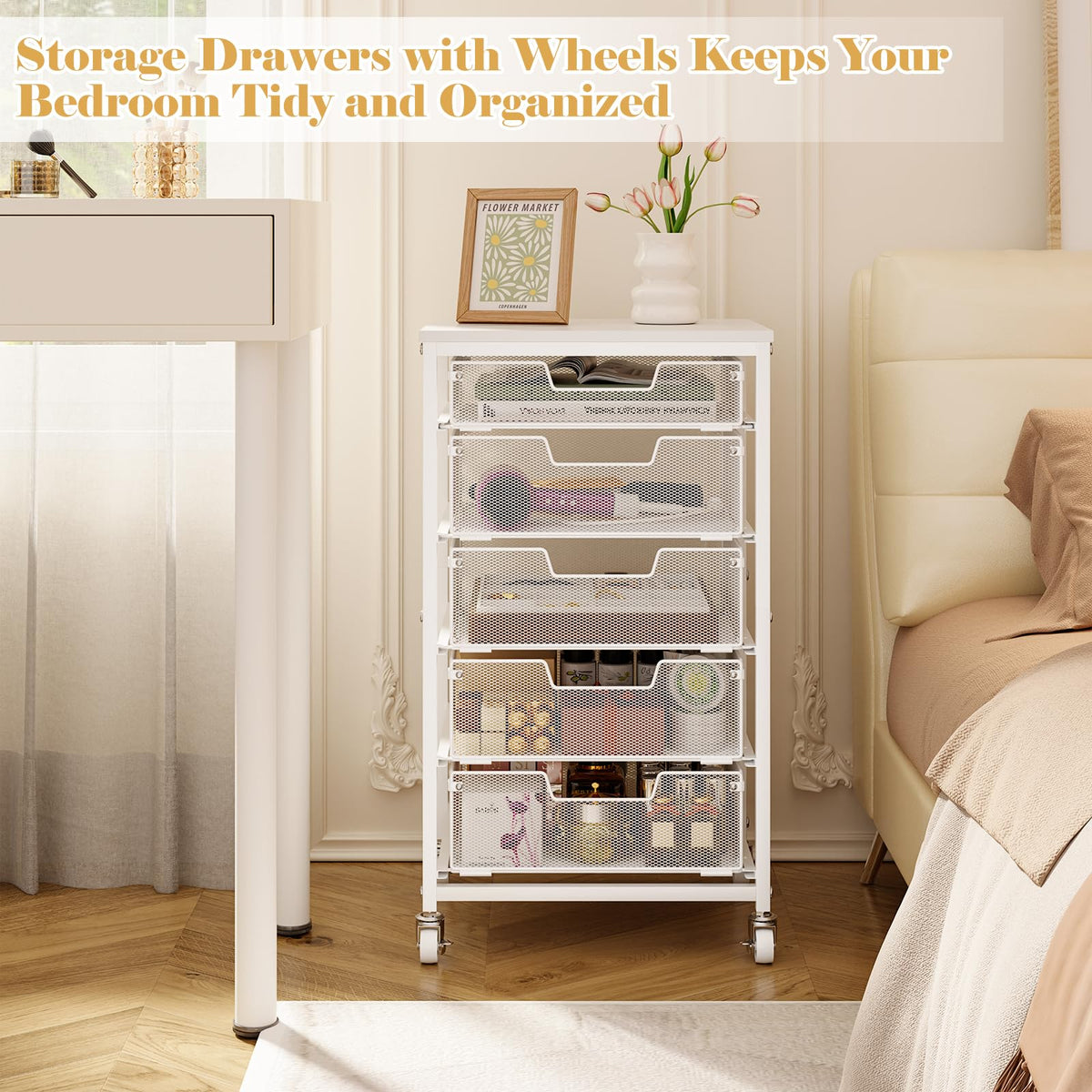 White 5 Drawer Rolling Utility Cart with Wooden Tabletop G12806